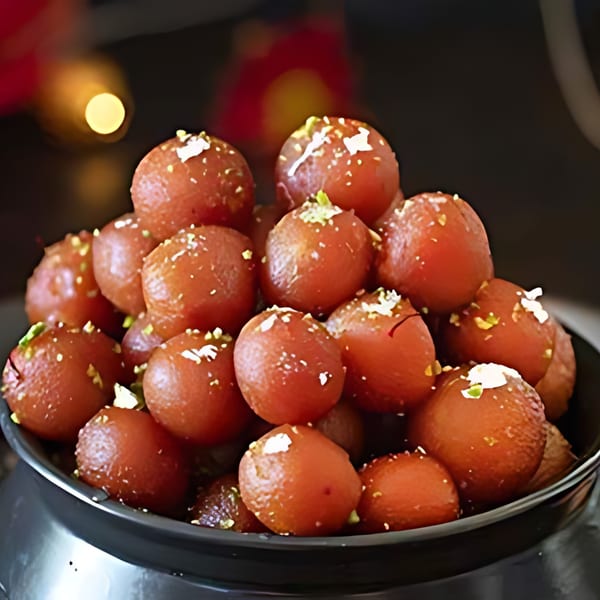 A bowl of Gulab Jamun, an Indian dessert, garnished with pistachios and silver leaf.