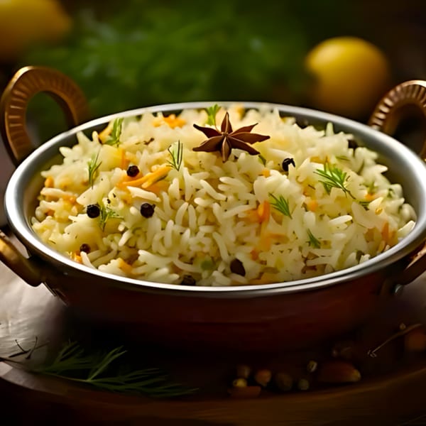 Indian rice pilaf with star anise, black peppercorns, and herbs in a copper pot.