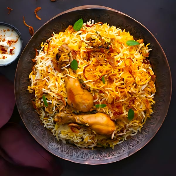 A large platter of Tandoori Flame's chicken biryani with rice, chicken drumsticks, and mint, served with raita.