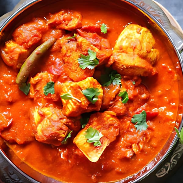 Close-up of Tandoori Flame's vibrant red Indian curry with chicken pieces, green chili, and cilantro.